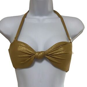Good American Bikini Halter Top Gold Metallic Knot Front Adjustable NWT Sz 0